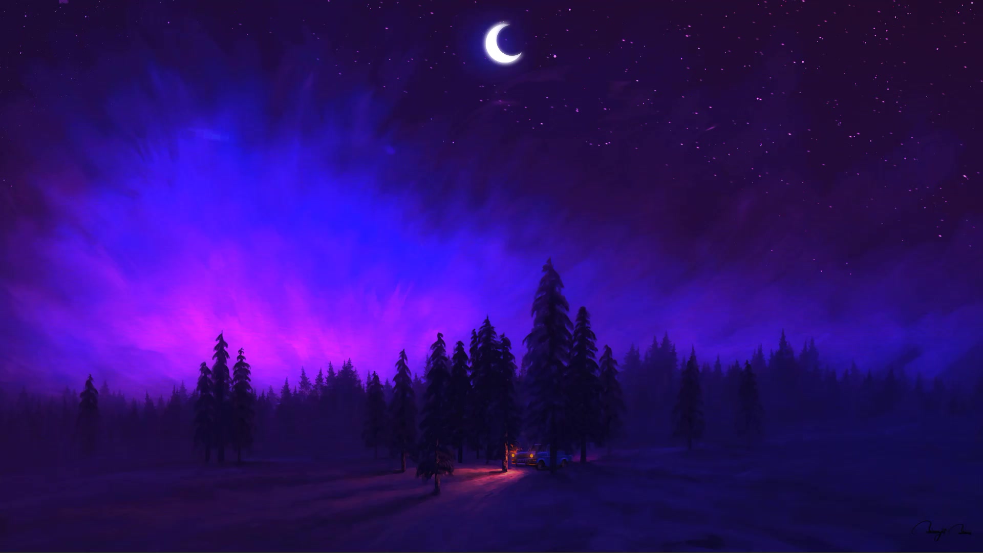 Car in Magic Night, Starry sky in the forest Live Wallpaper