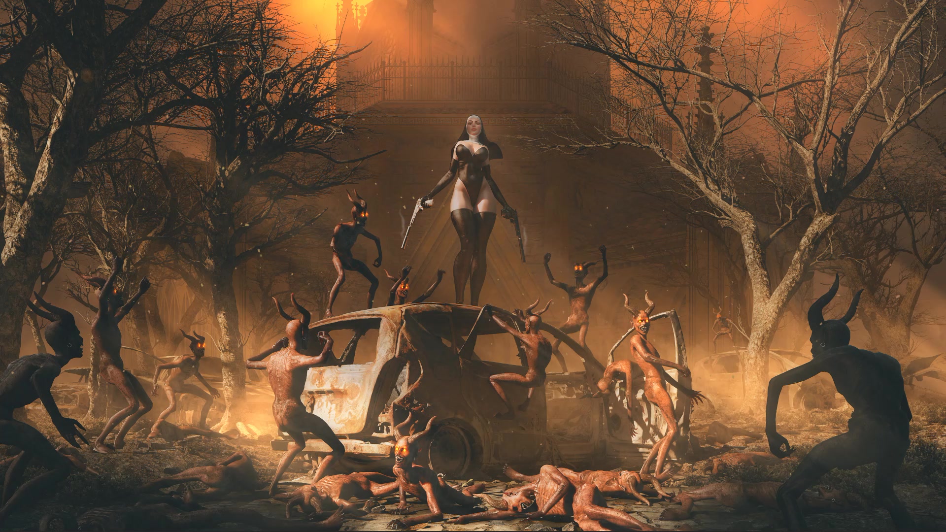 The Nun with guns surrounded by demons Live Wallpaper