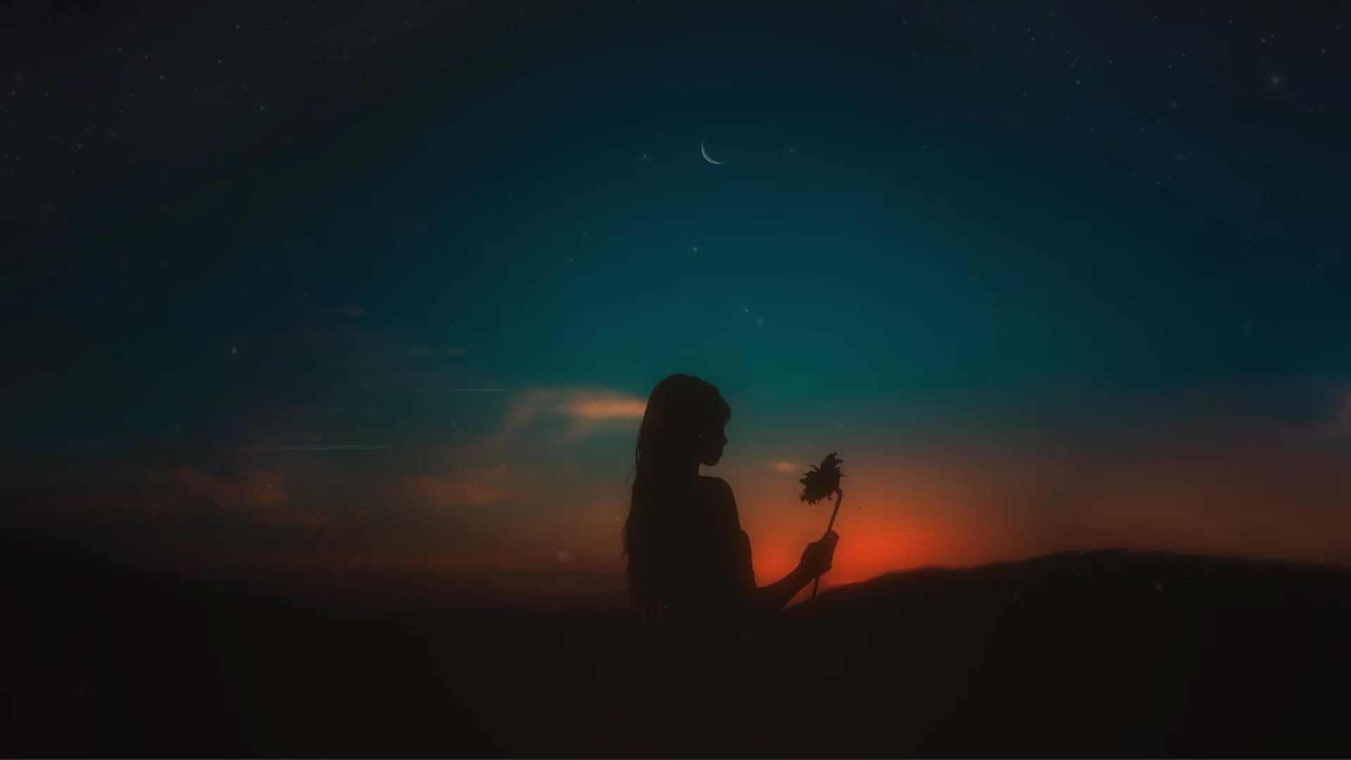 Moon, Clouds, Stars, Girl, Flower, Night Live Wallpaper