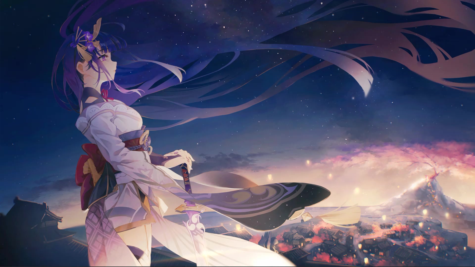 Raiden Shogun Genshin Impact Blue Hair Live Wallpaper