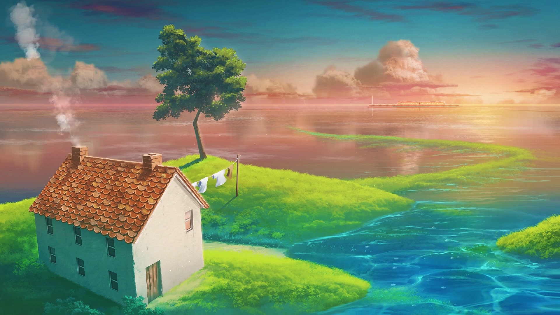 Cottage, water, house, tree, island, paradise Live Wallpaper