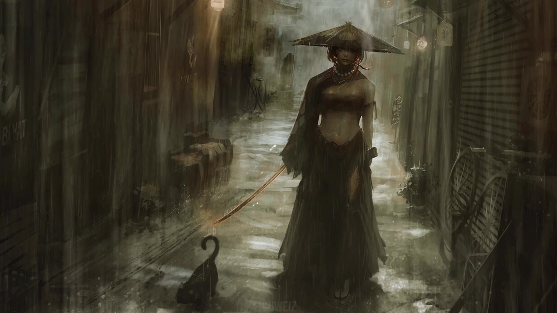 Samurai Girl in the Rain Live Wallpaper