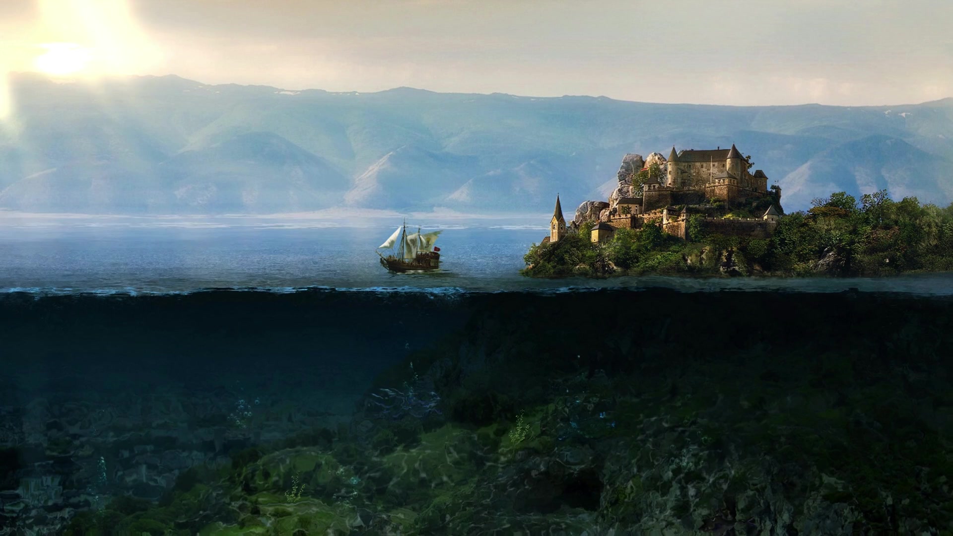 Land And Sea, Lonely ship on the island next to the castle Live Wallpaper