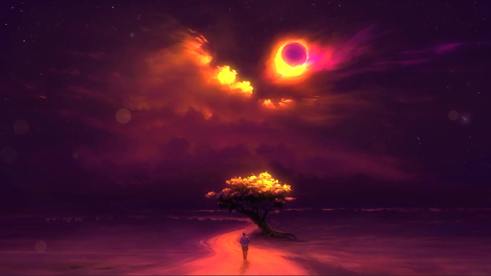 Fantasy tree, red sun Live Wallpaper