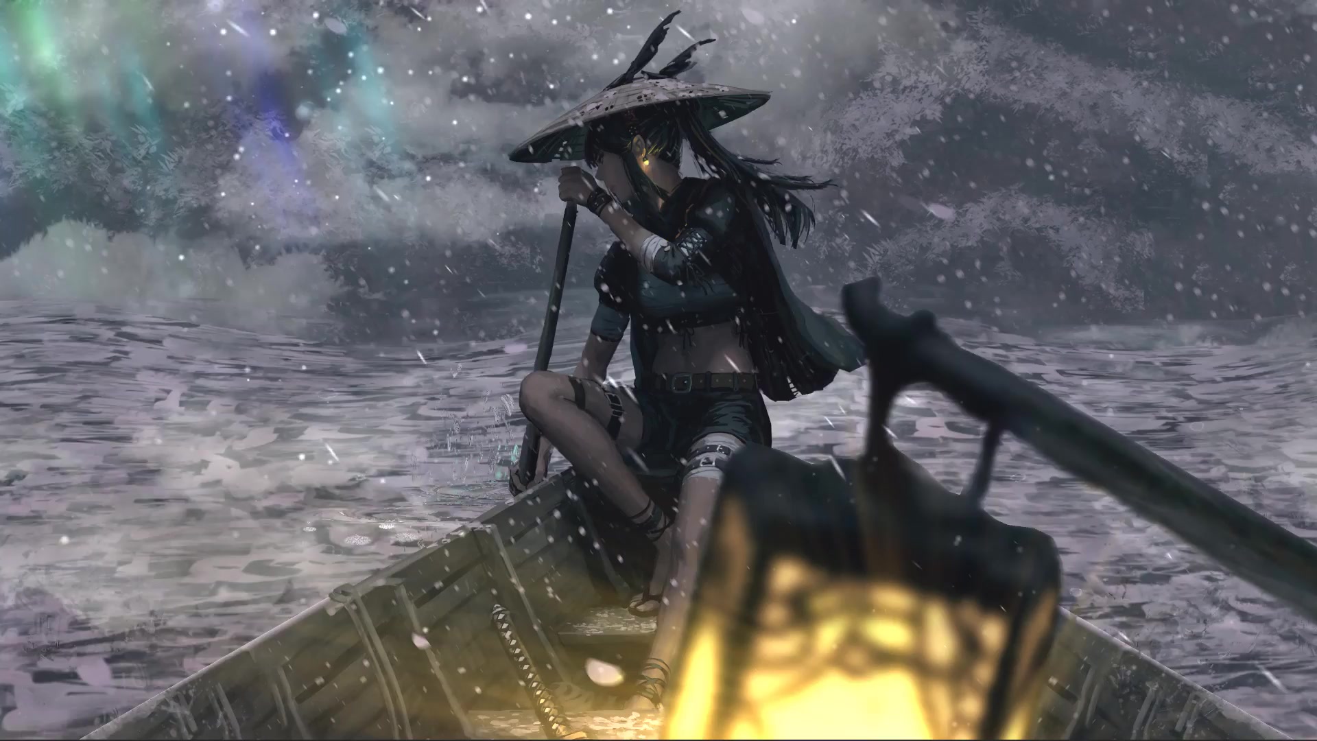 Snow And Girl In The Boat Live Wallpaper