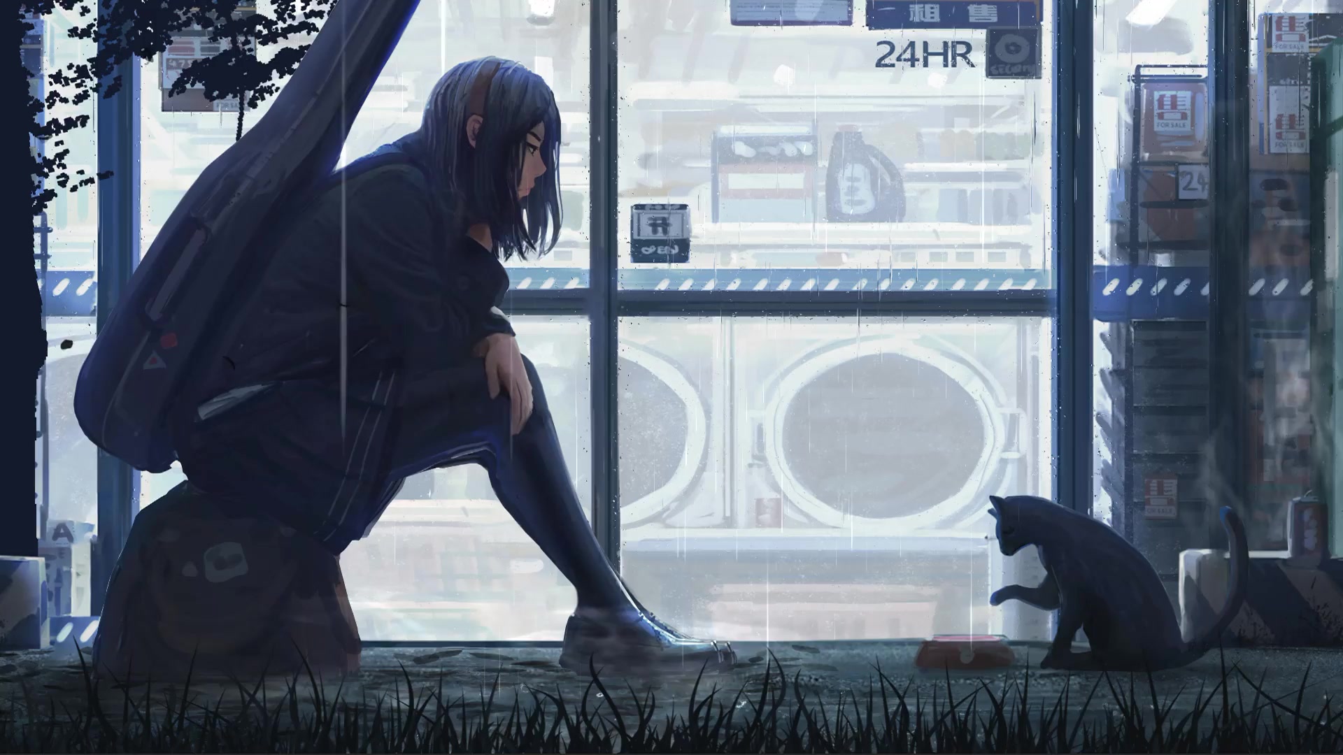 Girl With Cat In The Rain Live Wallpaper