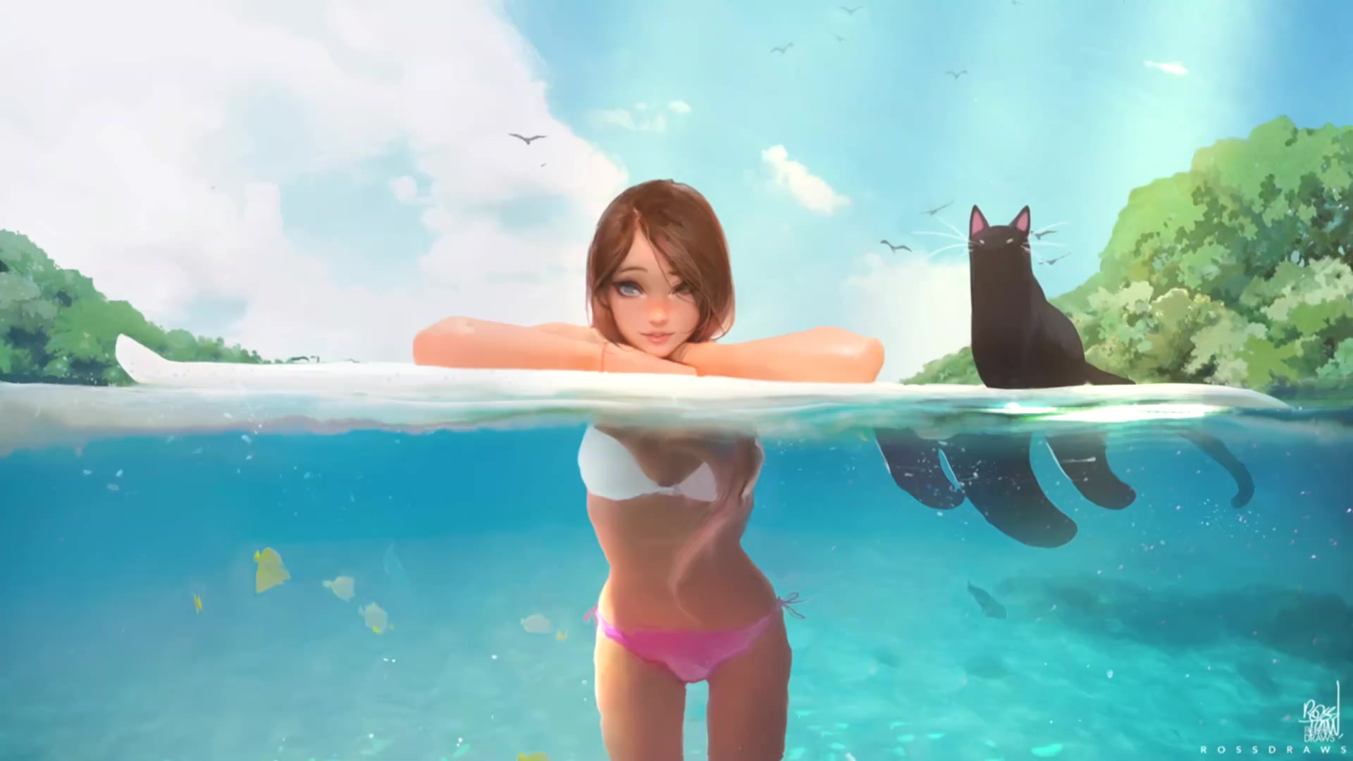 Surf Girl With Black Cat Live Wallpaper