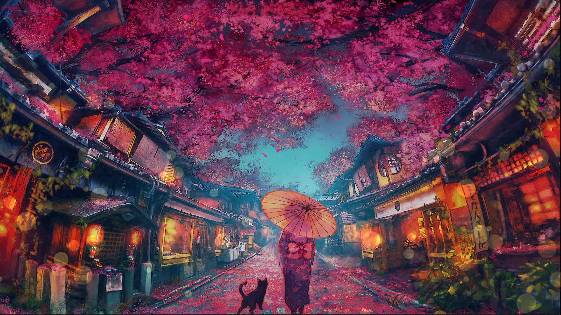 Sakura Festival Women and Cat Live Wallpaper