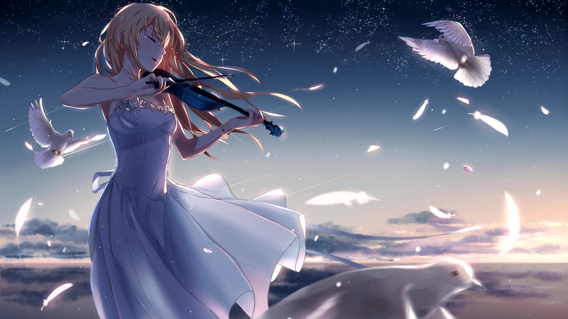 Anime Your Lie In April Kaori Miyazono Blonde Dress Long Hair Violin Live Wallpaper