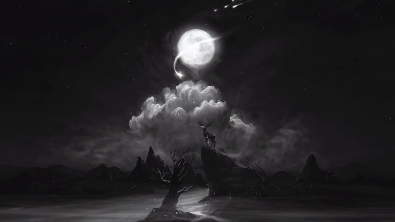 Monochrome Fantasy Night - Stag & Moon 4K Live Wallpaper