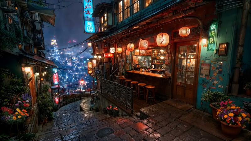Rainy Lantern Street Bar Live Wallpaper