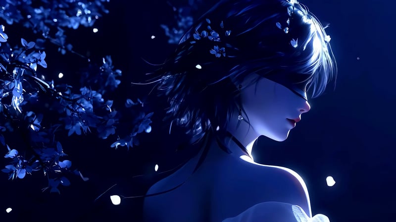 Blindfolded Girl - Blue Moonlight & Glowing Petals Live Wallpaper
