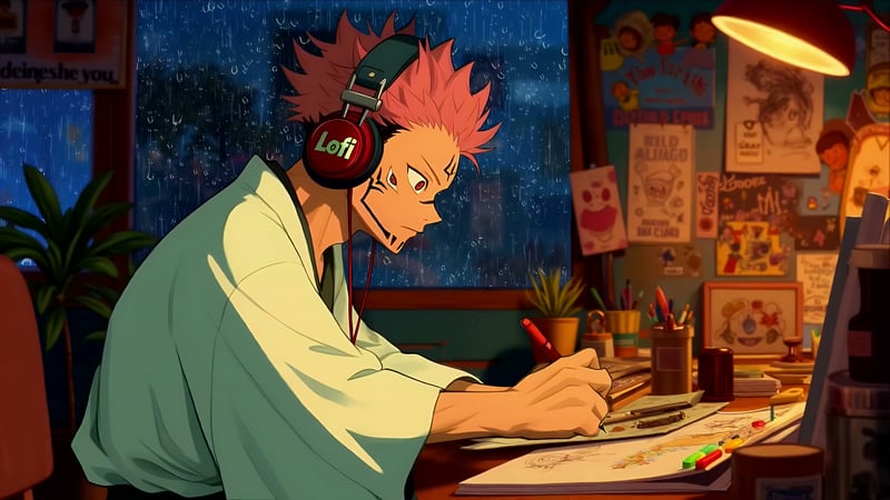 Yuji Drawing to Lofi Beats Live Wallpaper