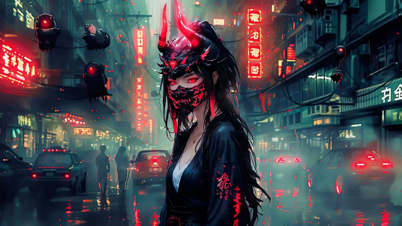 Cyberpunk Oni Mask Babe Live Wallpaper