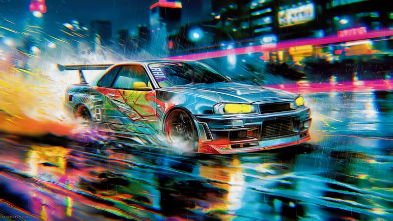 Nissan Skyline GT-R R34 Drifting Night City Live Wallpaper