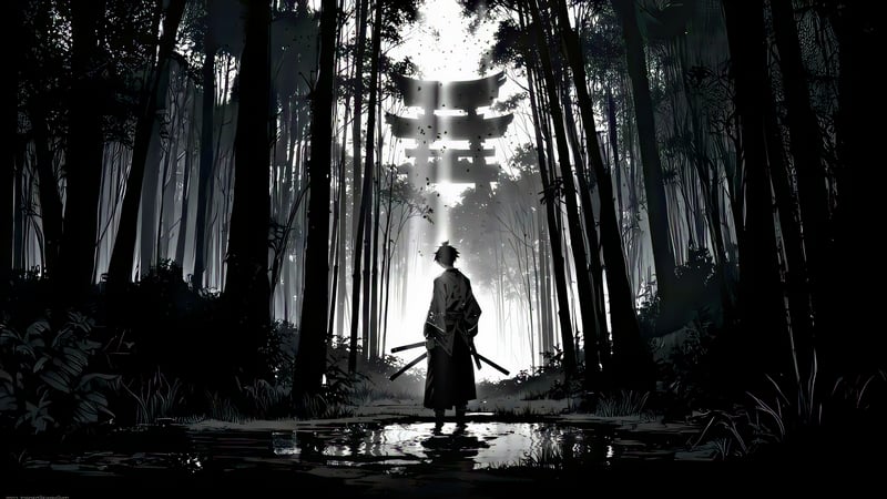 Black and White Torii Gate Samurai Live Wallpaper