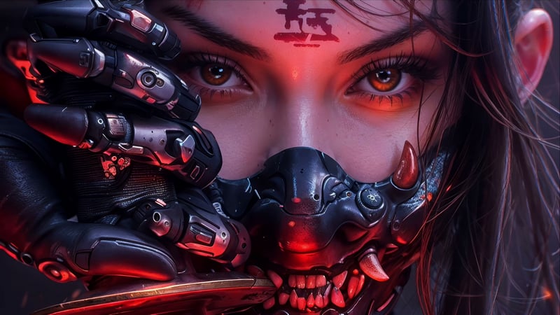 Cyber Oni Mask Girl Close-Up Live Wallpaper