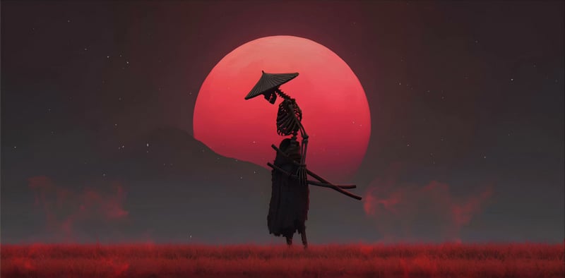 Skeleton Samurai & Red Moon - 4K Dark Fantasy Wallpaper Live Wallpaper