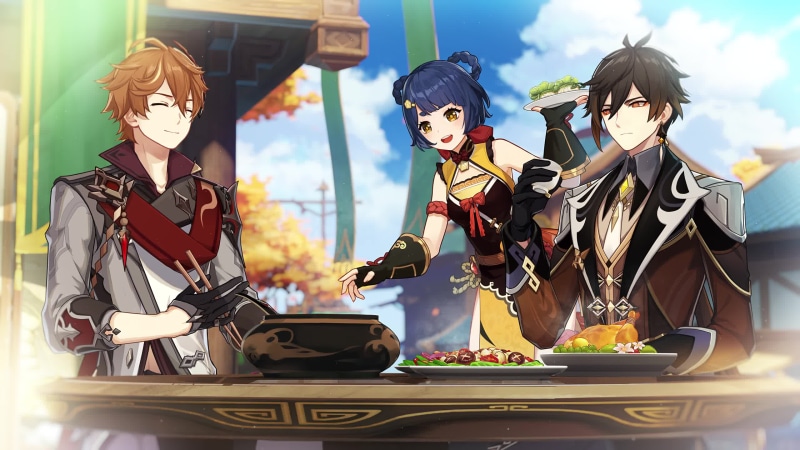 Genshin Impact-Zhongli Childe And Xiangling Live Wallpaper