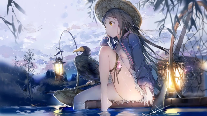 Anime Girl & Black Duck By River Live Wallpaper