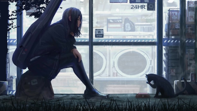 Girl At The Laundromat In Rainy Day Live Wallpaper