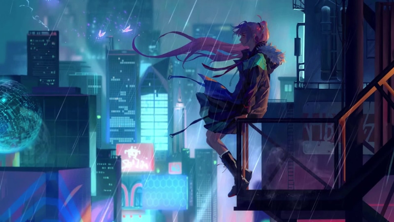 Anime Girl-Lonely In The City At Night Live Wallpaper