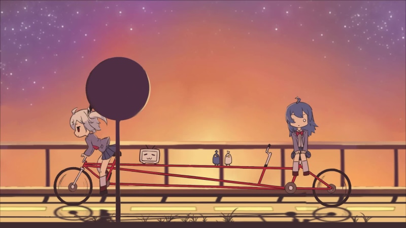 Anime Girls Riding Tandem Bike In The Sunset Live Wallpaper