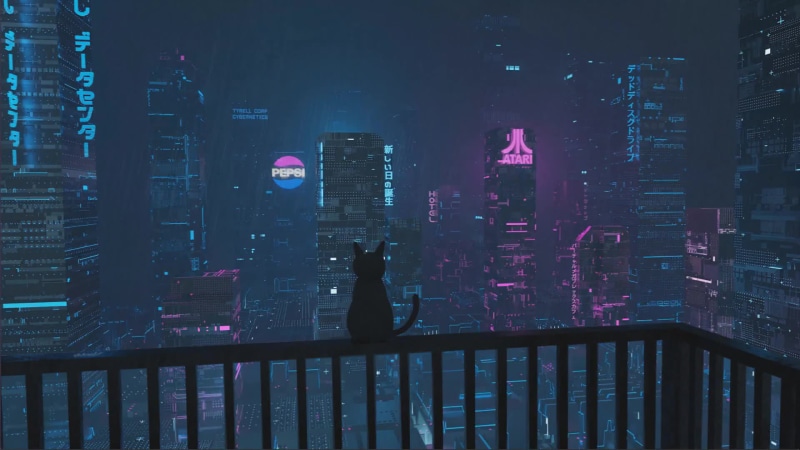 Black Cat In Raining City Live Wallpaper