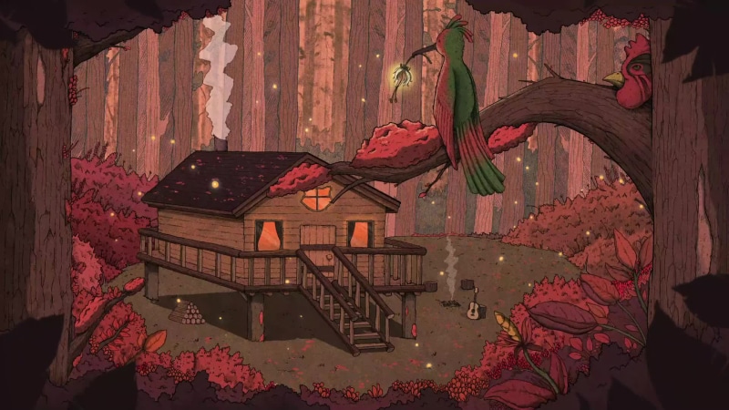 Cabin in the Forest, Campfire, Guitar Live Wallpaper