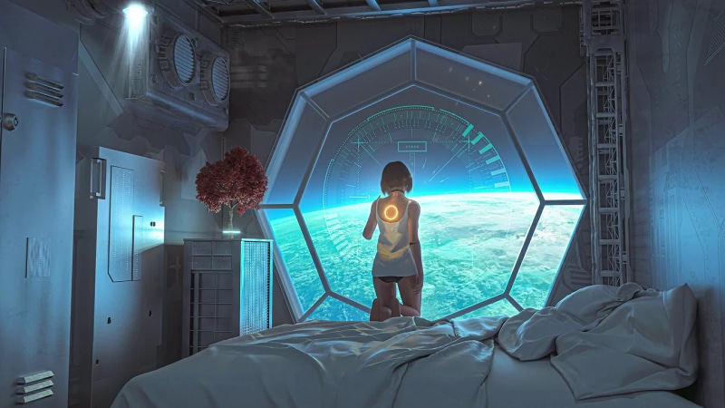 Space Room and Cute Girl Looking Out the Window Live Wallpaper
