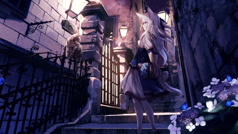 Cute Cat Girl Butterfly at Night Live Wallpaper