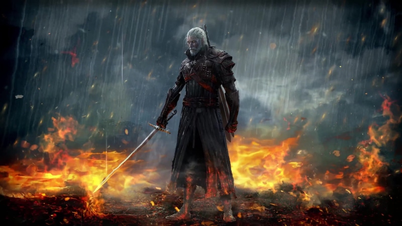 Witcher with Sword, Storm, Flames Live Wallpaper