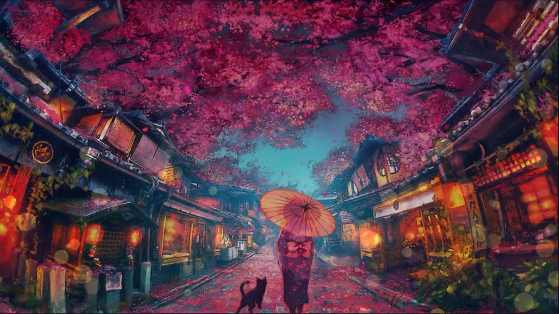 Sakura Festival Asian Girl and Cat Live Wallpaper