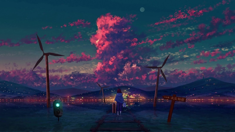 Wind Turbines City Sunset and Alone Girl 4K Live Wallpaper