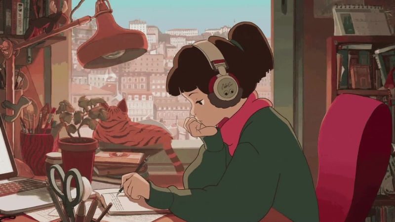 Girl With Headphones Studying In Room, Sleeping Cat Live Wallpaper