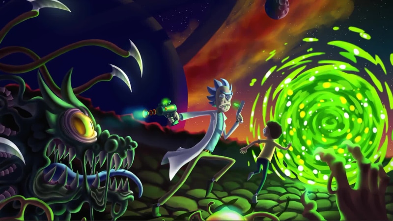Rick and Morty Running From Monster into the Green Portal Live Wallpaper