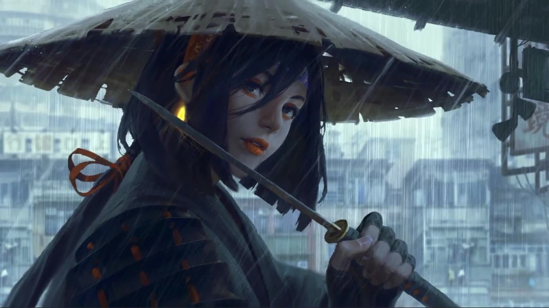 Travelling Ninja Girl, Katana, Rain Live Wallpaper