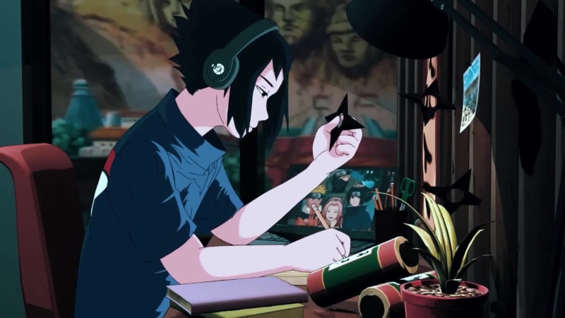 Sasuke Studying with Shuriken in Hand Live Wallpaper