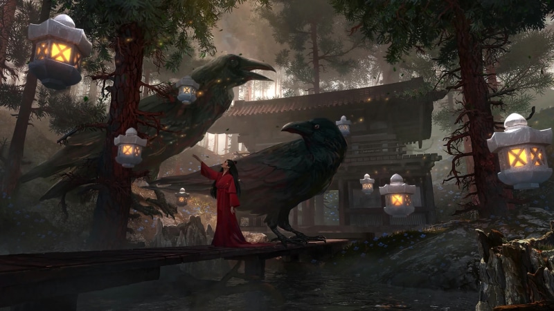 Giant Crow In The Temple Charming Asian Babe in Red Live Wallpaper