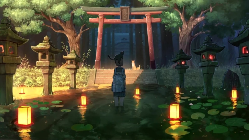 School Girl Adventure, Fox, Pond, Lanterns Live Wallpaper