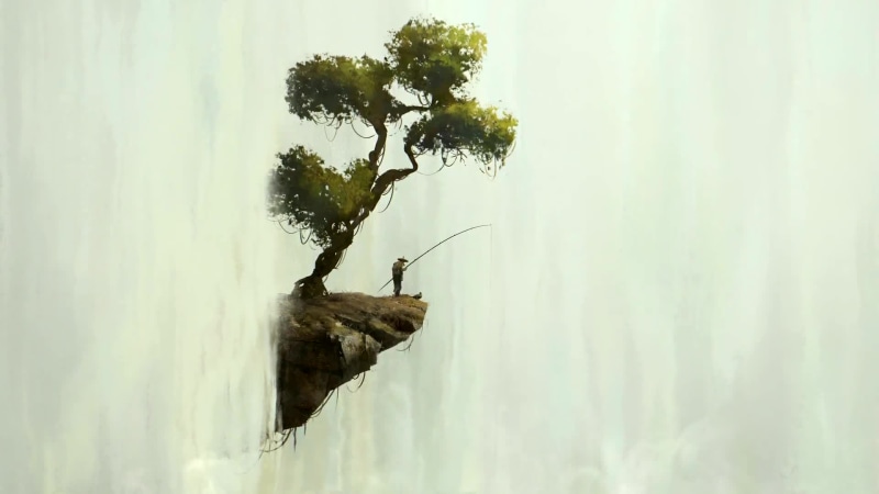 Fisherman Fishing at Waterfall Fantasy Nature Live Wallpaper