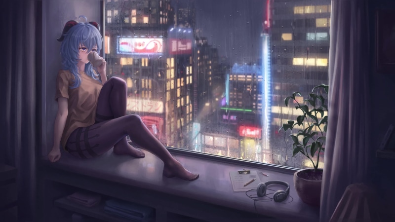 Ganyu Girl with Cup of Tea, Rainy Night, Genshin Impact, 4K Live Wallpaper
