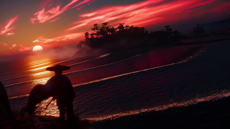 Samurai, Red as Blood Sunset, Horizon, Waves Live Wallpaper