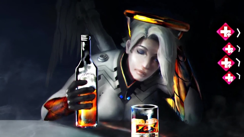 Mercy Drinking Whiskey, Ice, Bottle, Overwatch Live Wallpaper