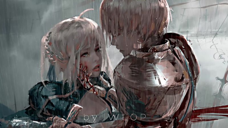 Saber Stabs Gilgamesh, Fate Stay Night, by WLOP, 4K Live Wallpaper