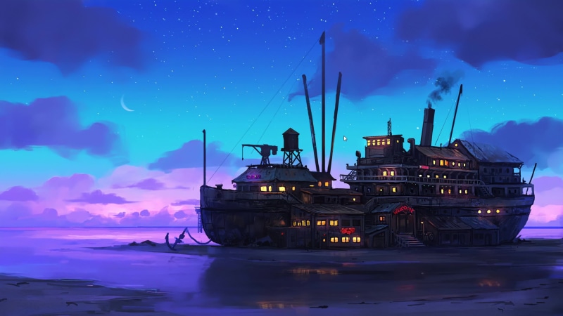 Fantasy Ship Hotel, Neon Welcome, 4K Live Wallpaper