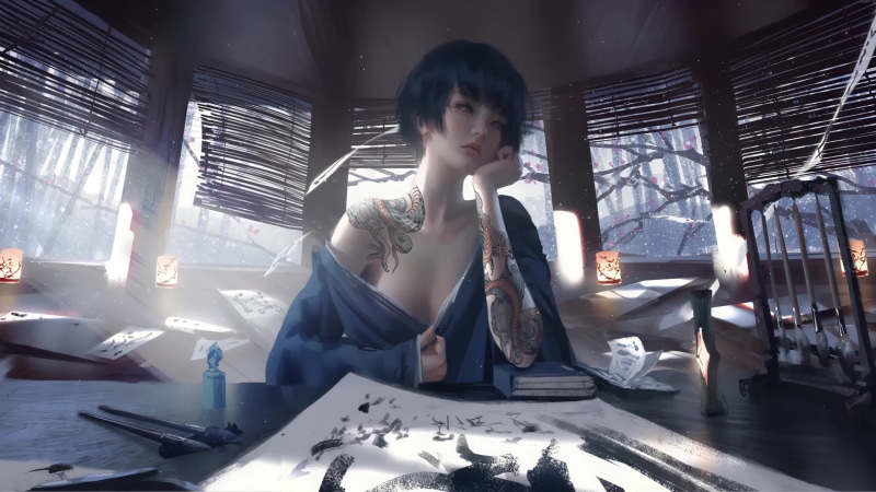 Jade Cute Asian Babe with Tattoo, Ghostblade 4K Live Wallpaper
