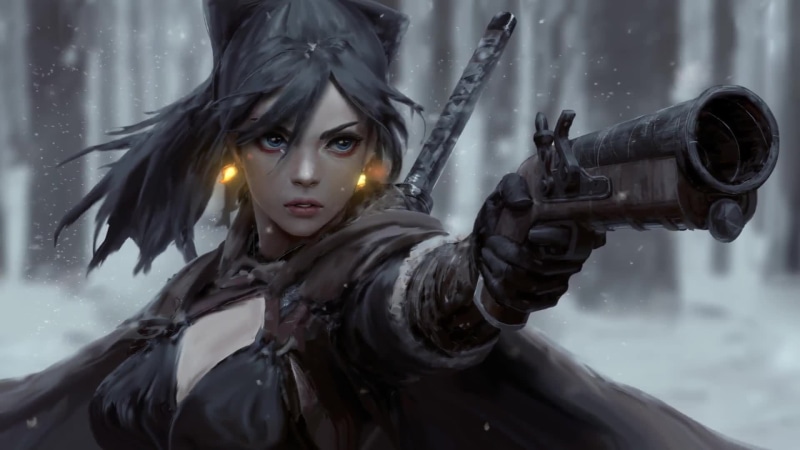 Fantasy Girl Holding a Gun In The Snow Live Wallpaper