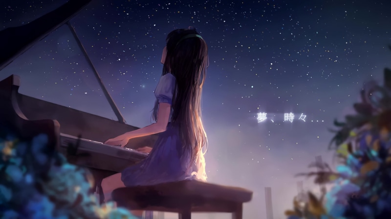 Cute Anime Girl Playing Piano Starry Night Sky With Fireworks 4K Live Wallpaper