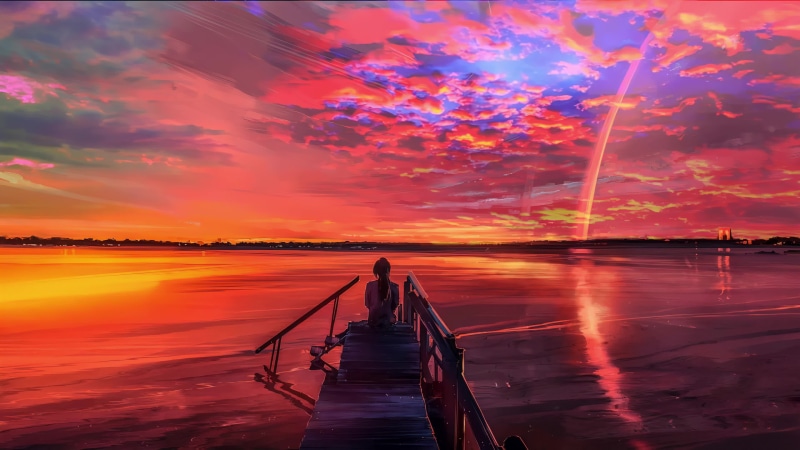 Anime Girl Walking On The Water Watching The Sunset 4K Live Wallpaper ...